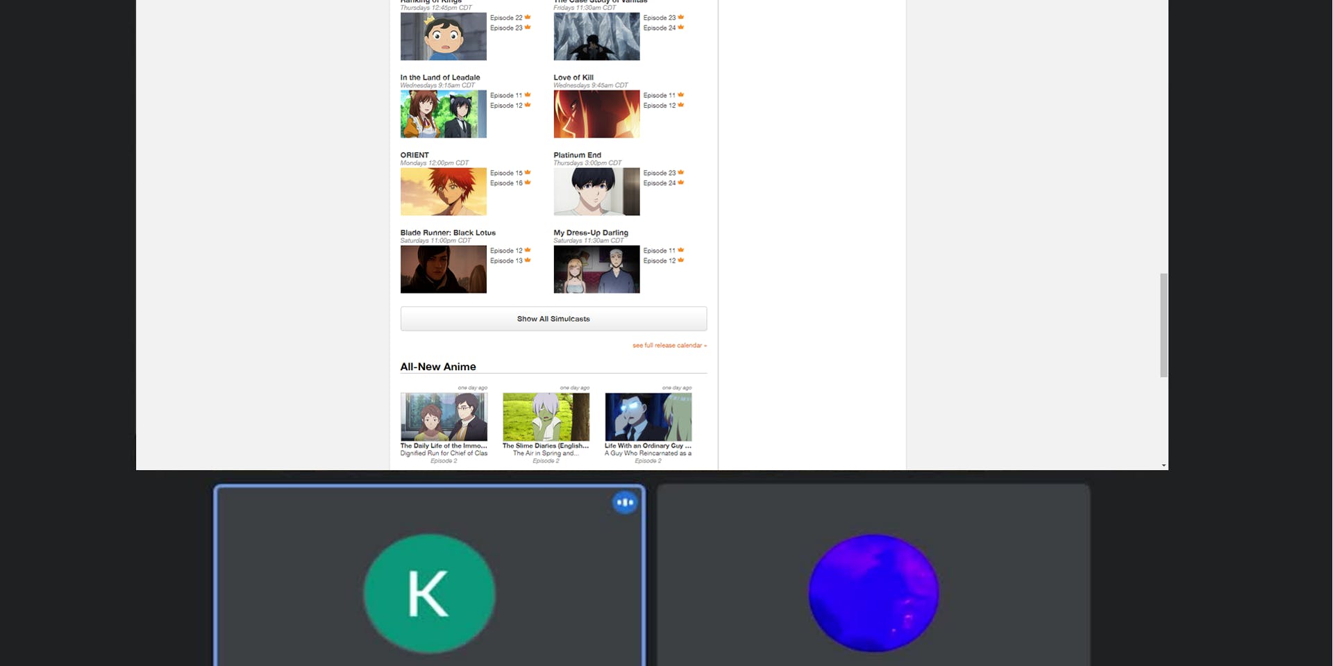 A participant scrolls through the CrunchyRoll website and points out what they like and dislike.