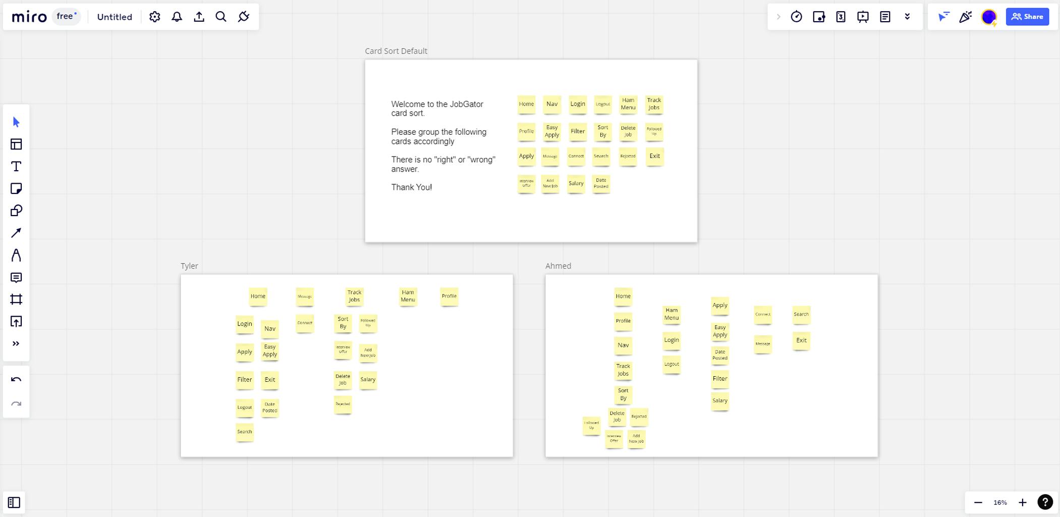 An image of a card sort for Job Gator.