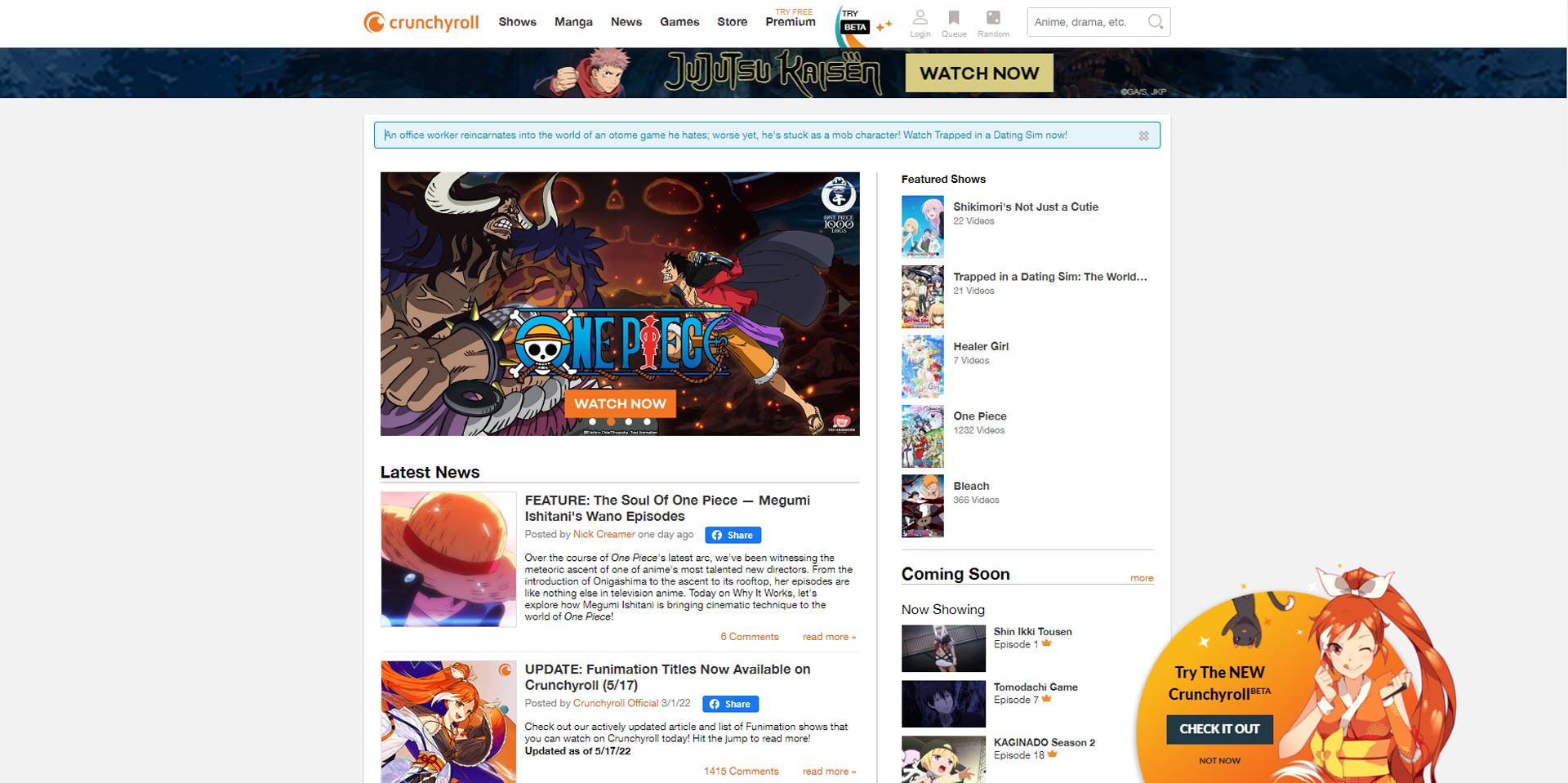 An image of the outdated look of the Crunchyroll Anime landing page