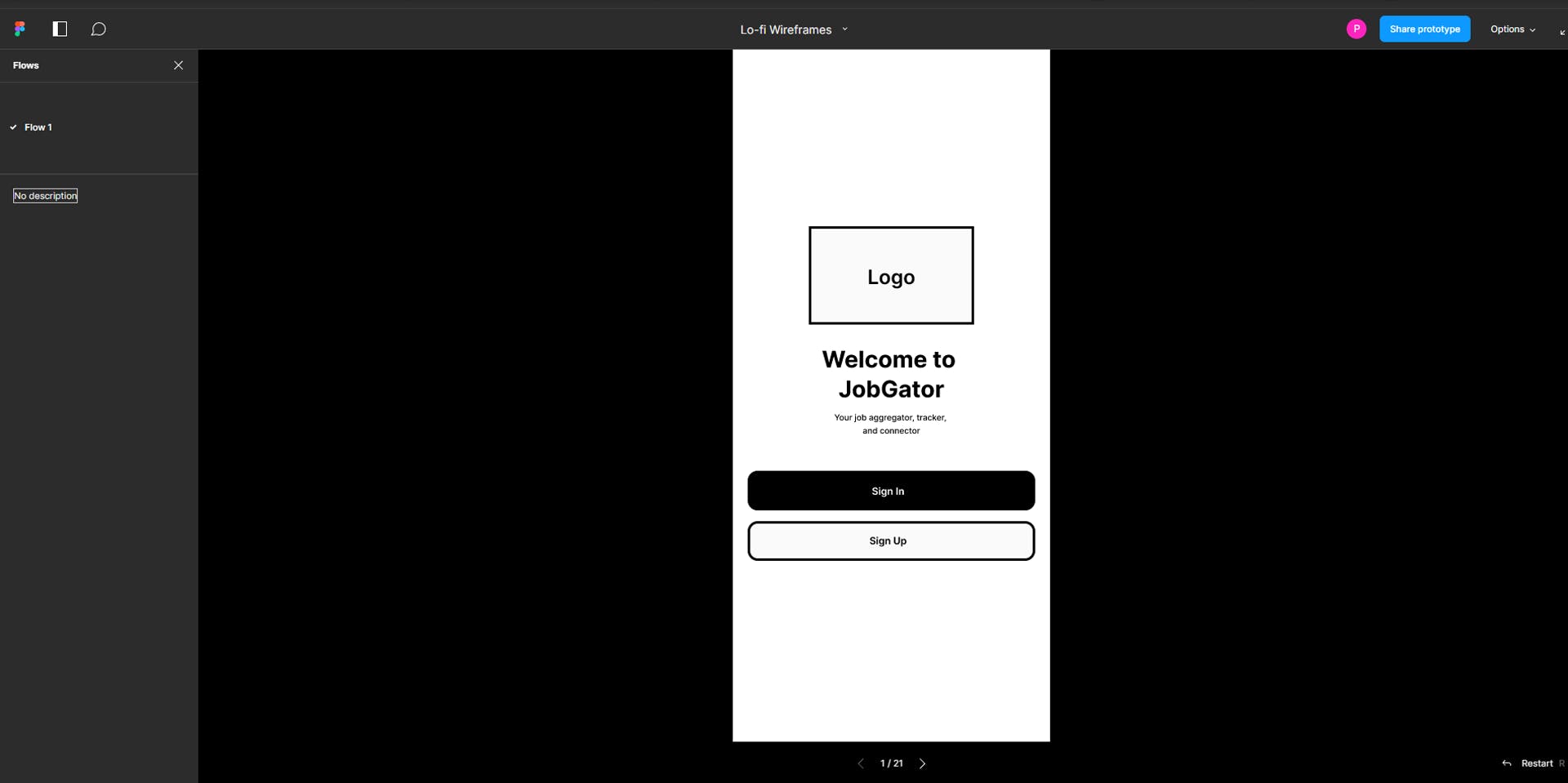 The JobGator prototype displayed on Figma. The prototype shows a total of 21 wireframes to navigate through.
