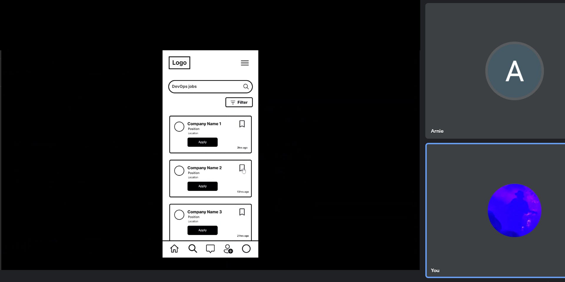 A call with a participant sharing their screen. They are scrolling through the lo-fi wireframe.