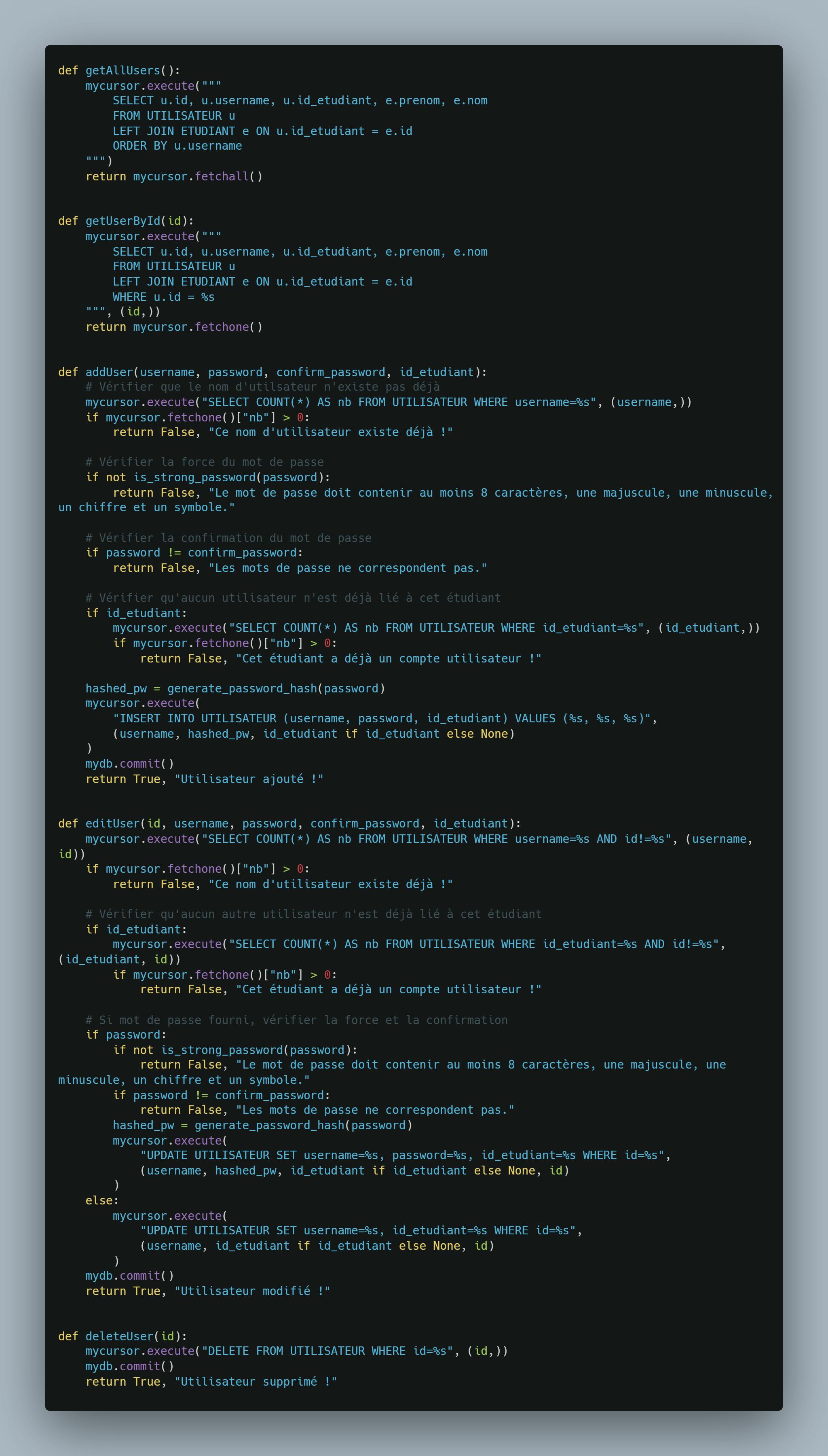 lines of code showing the admin functions