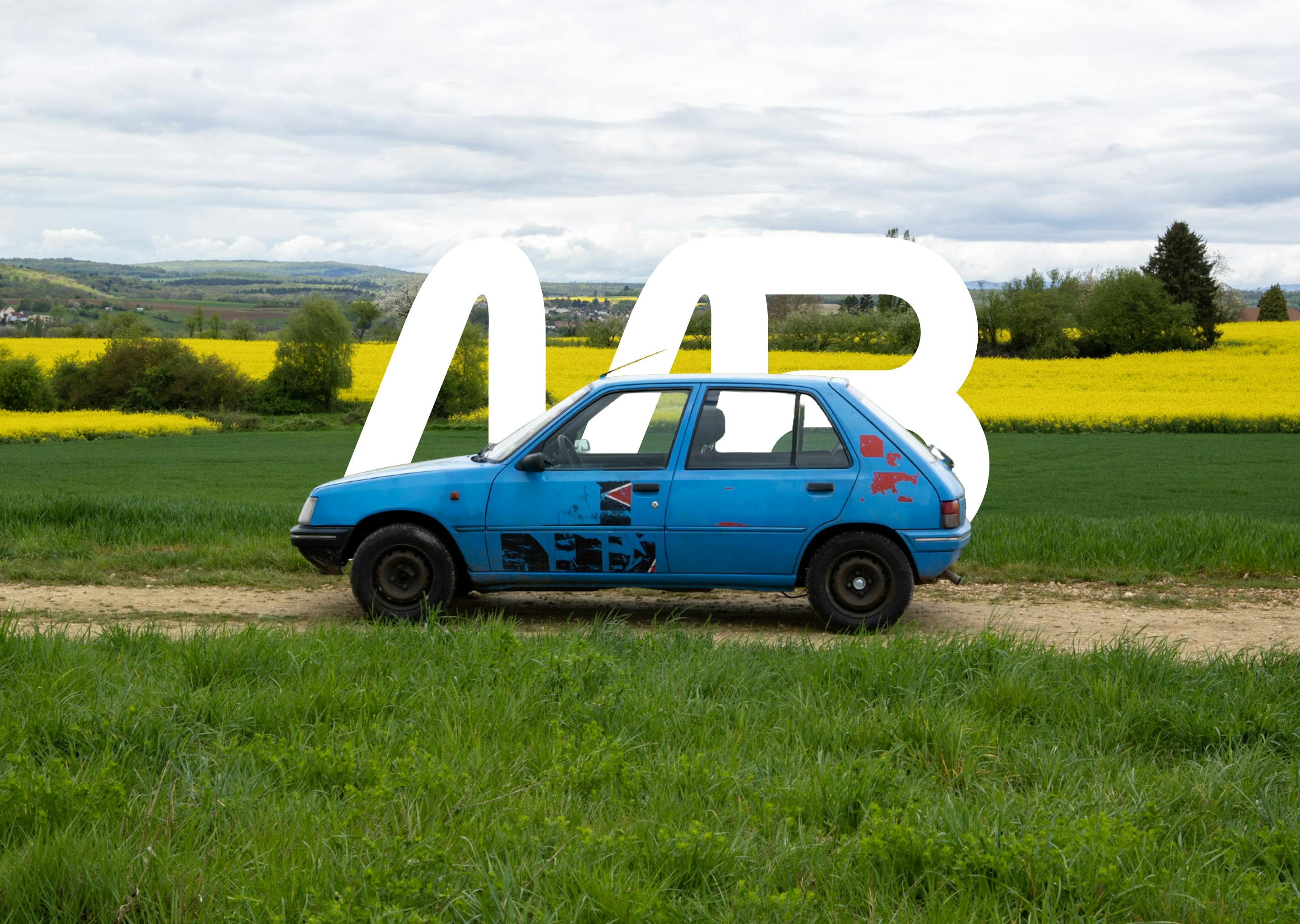 a blue car in front of a rapeseed field with the logo of Motor's Brothers