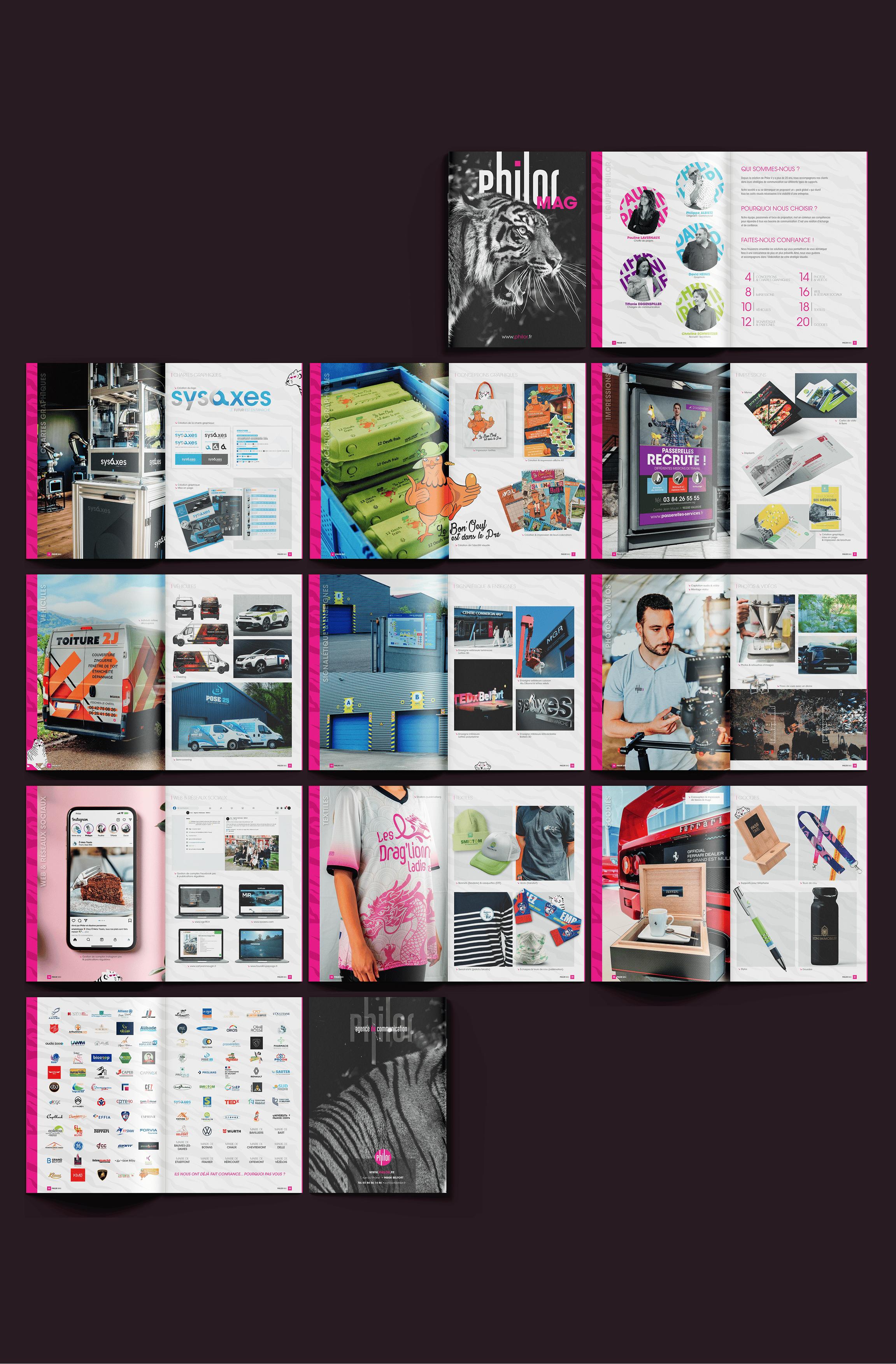 all the 24 pages created for the philor mag, that present work of the Philor communication agency