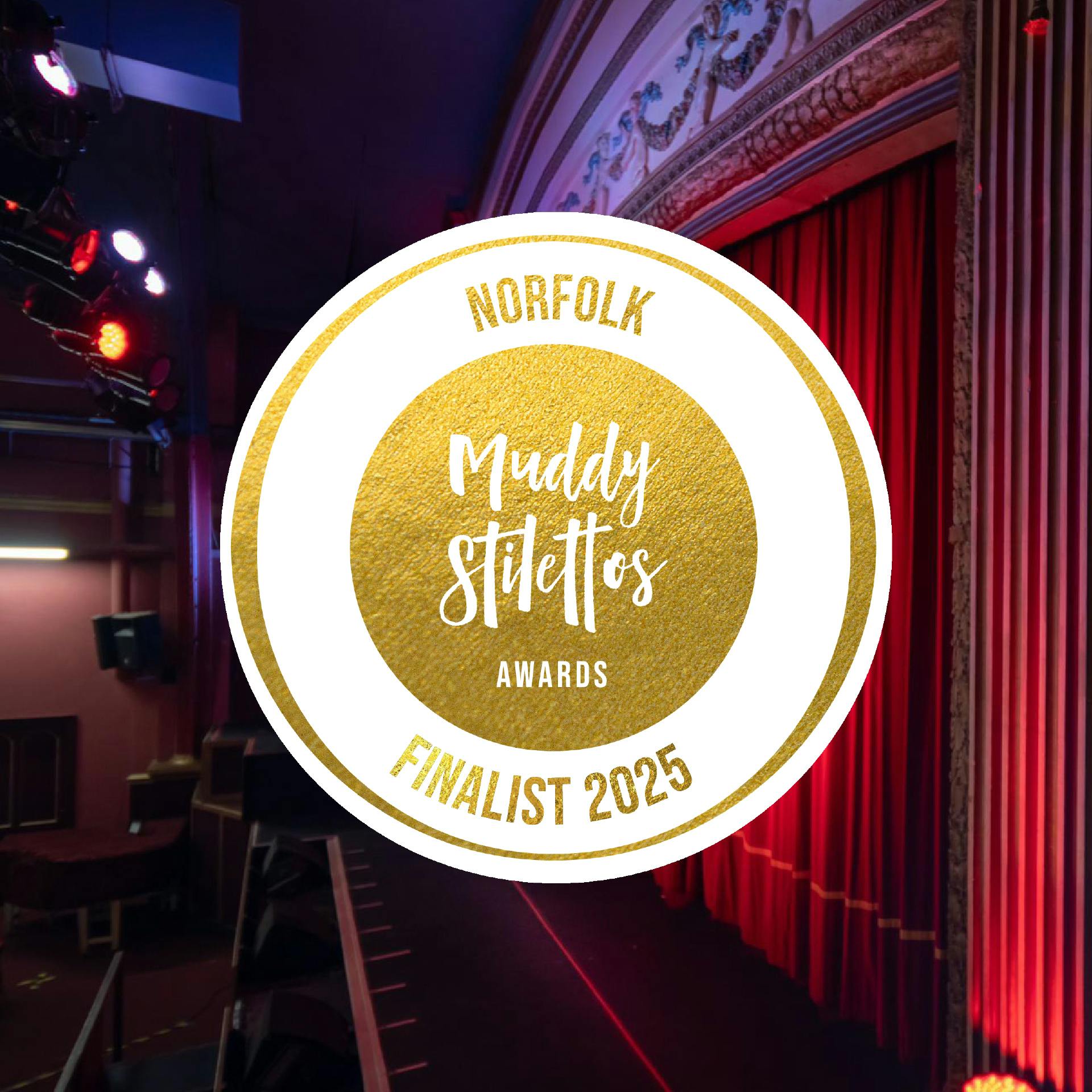 Norfolk Muddy Stilettos Award Logo in front of the Gorleston Pavilion Theatre stage