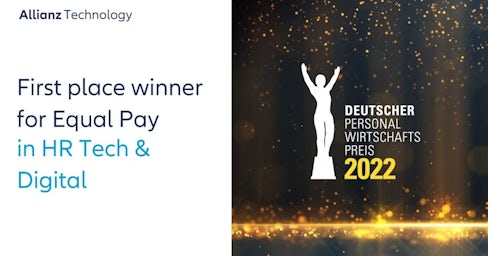 Graphic that explains that Allianz won first prize in the HR Tech and Digital category for its global approach to closing the equal pay gap.