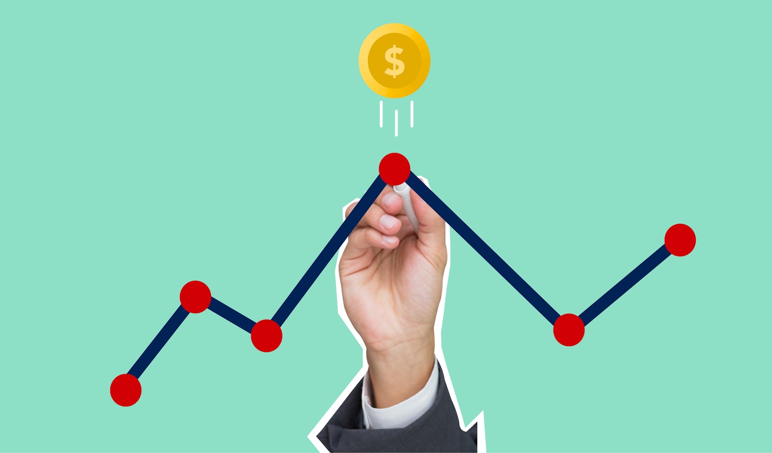 Graphic displaying a line graph with a hand pointing to a dot and a dollar coin