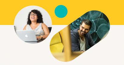 Grafík sem sýnir mann og konu að vinna skrifstofuvinnu.