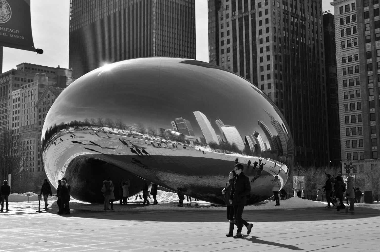 Black and white image of a sculture in Chicago, Illinois.