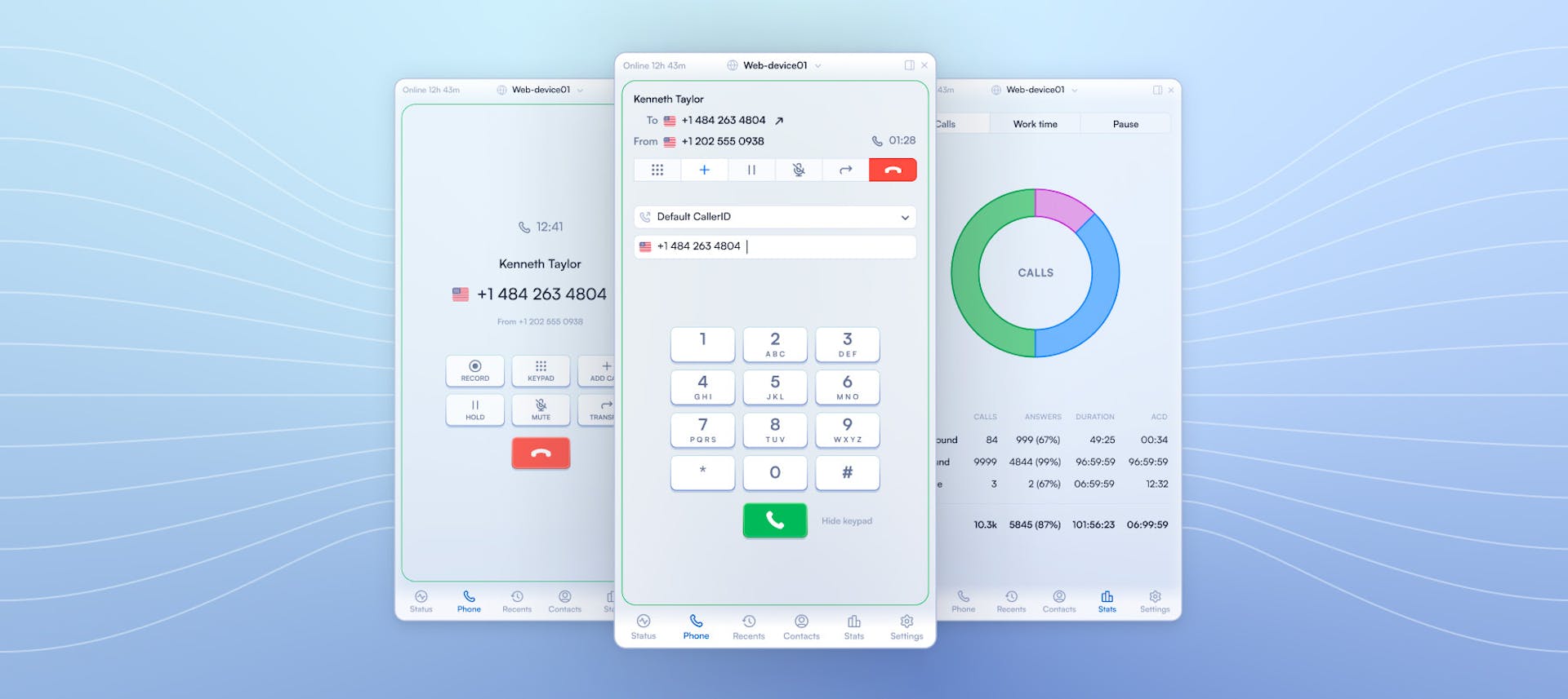 Different screens of the PBX softphone app User Interface