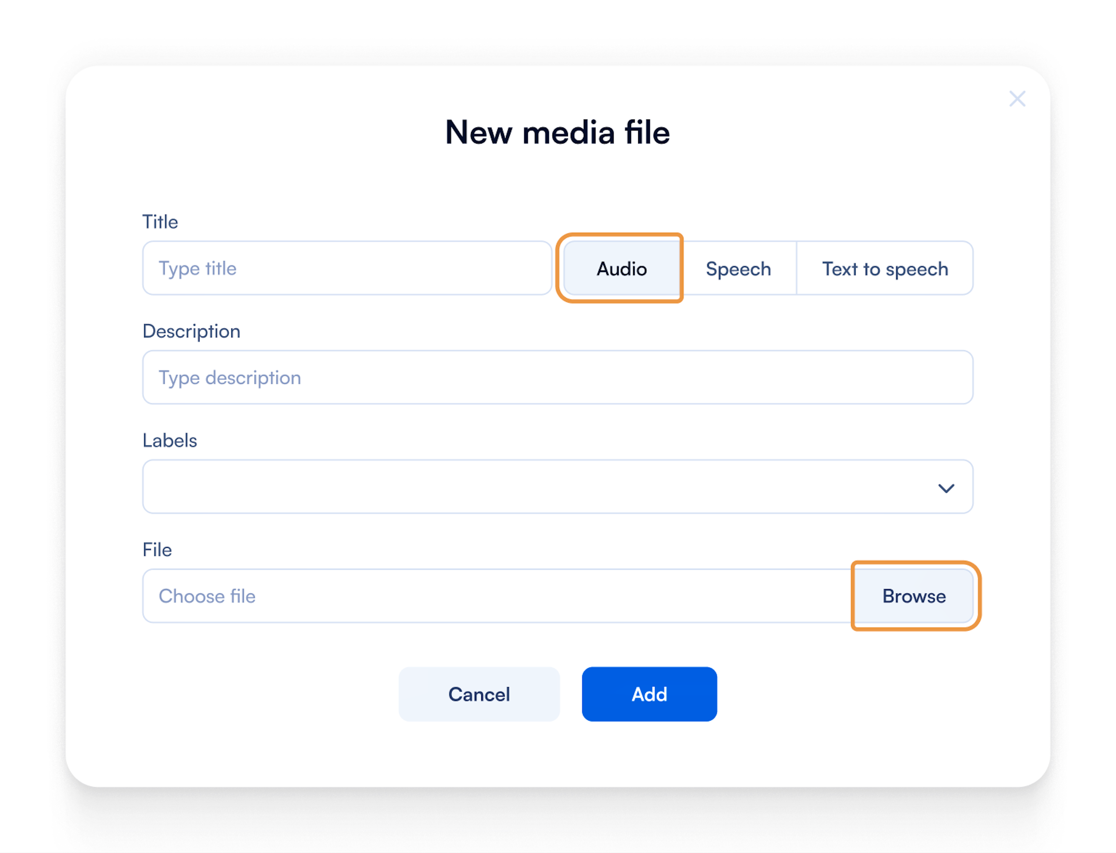 PBX UI: Upload an existing audio message to PBX from a local source