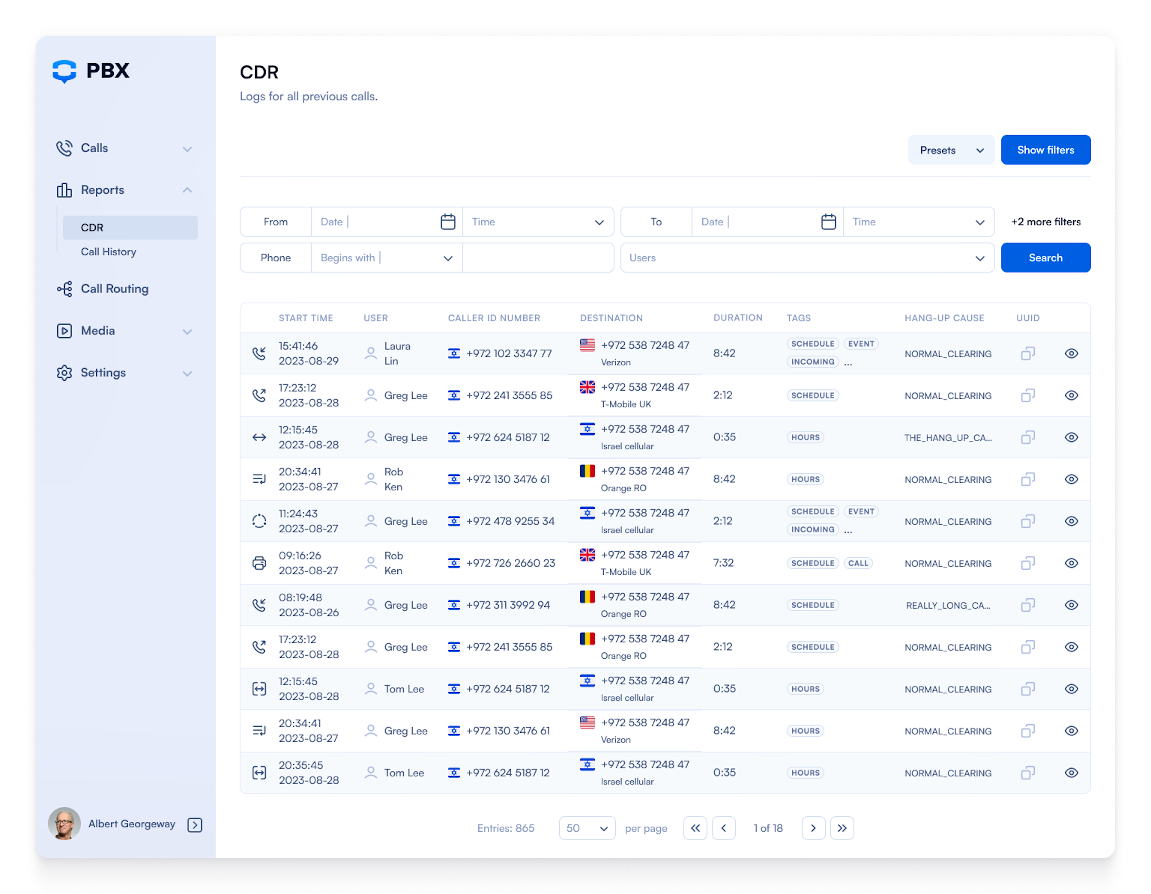 The image displays the PBX softphone (webphone) UI 