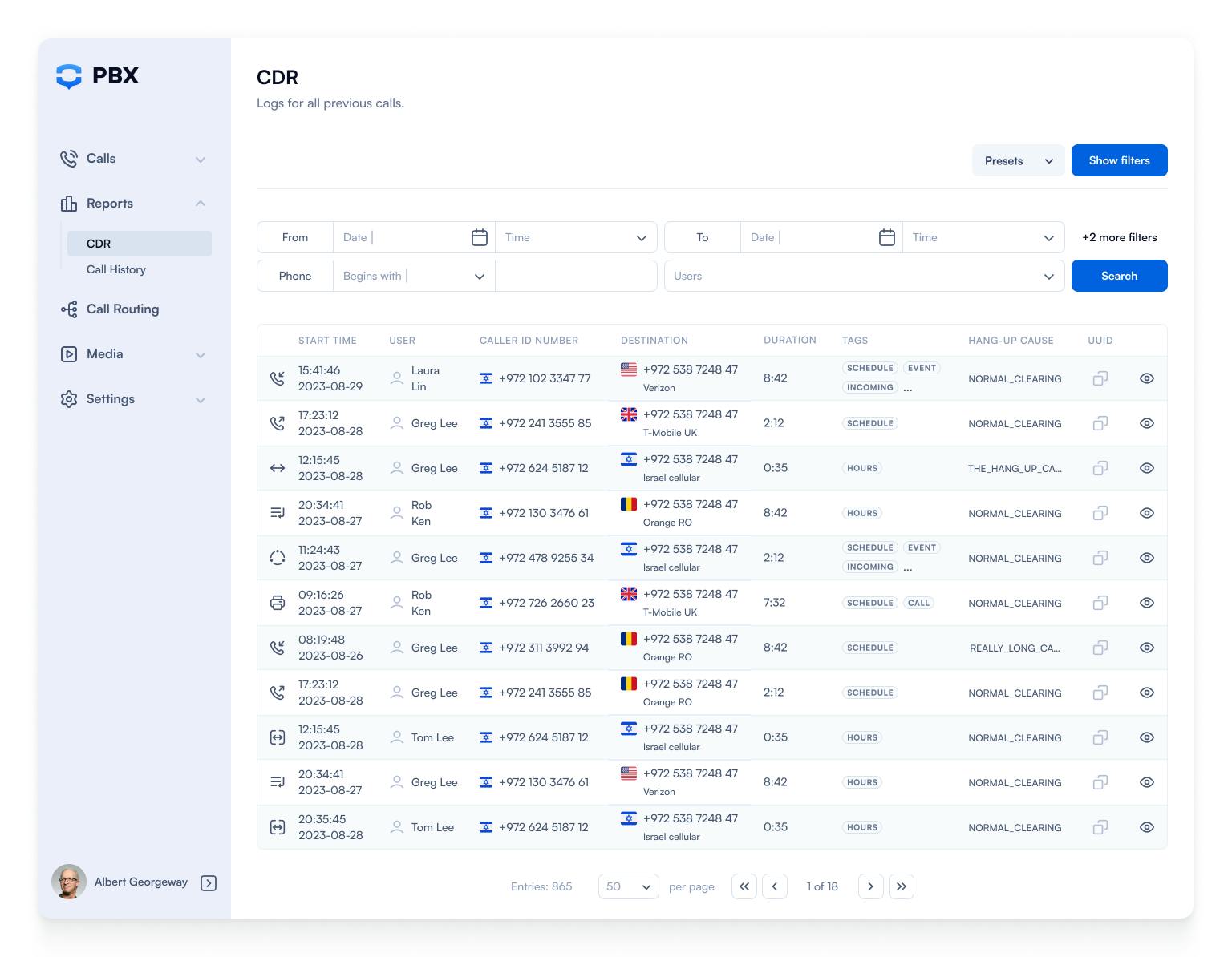 The image displays the PBX softphone (webphone) UI 
