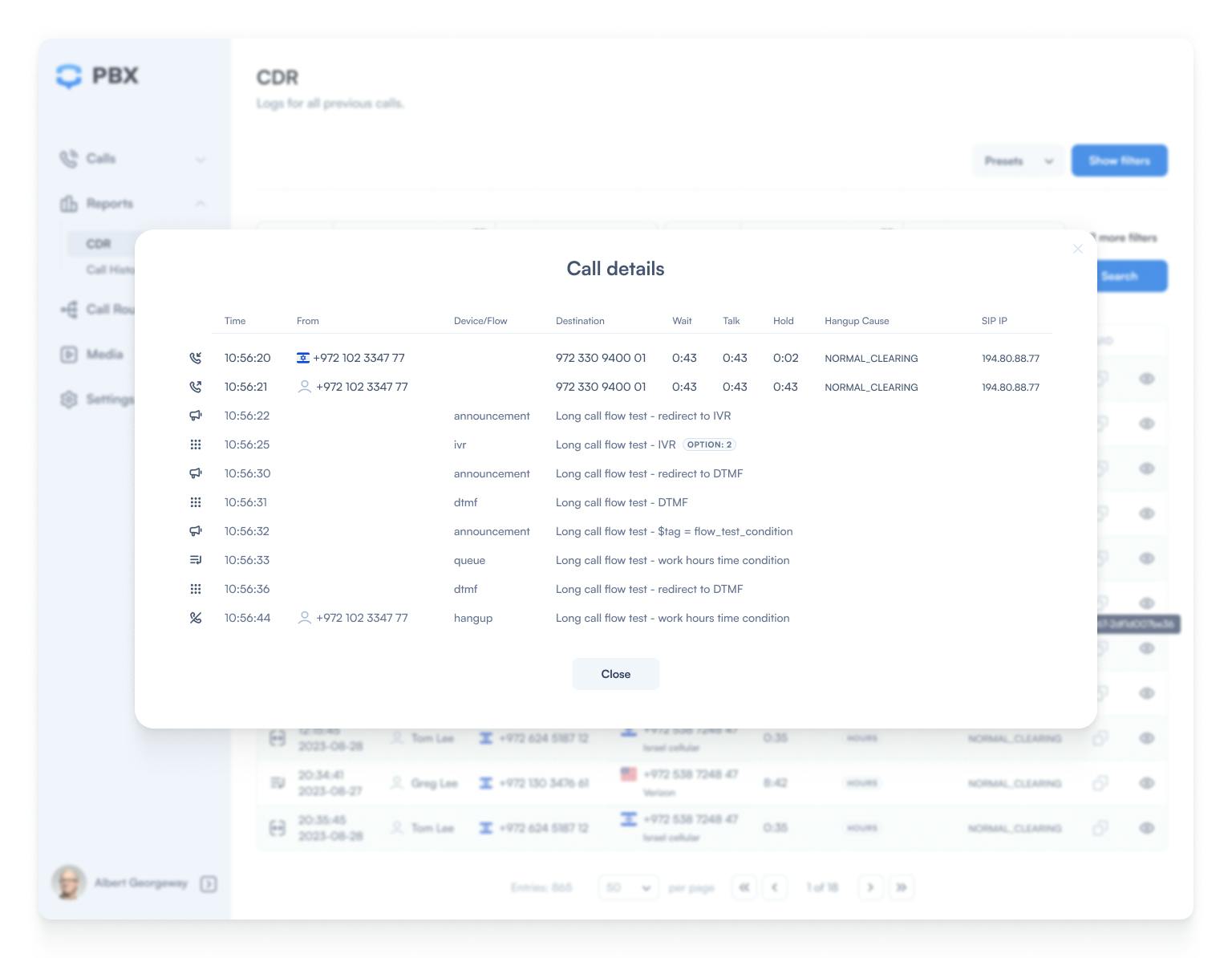 The image displays the PBX softphone (webphone) call details UI 