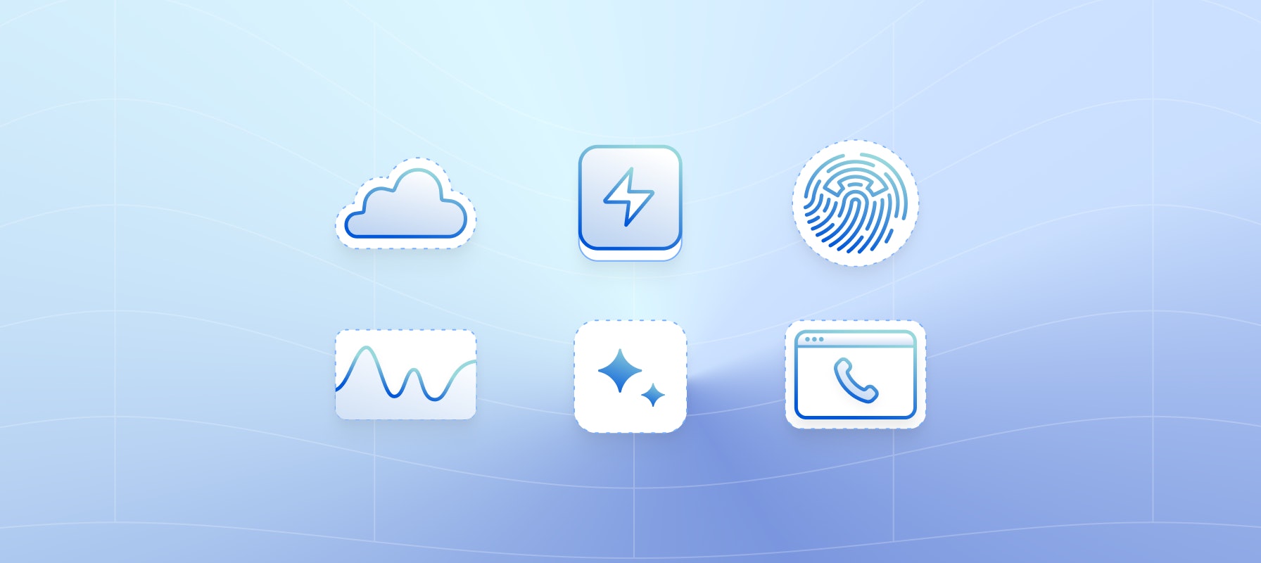 Icons to represent Cloud, plug-and-play, encryption, data insights, CRM integration, documentation and training.