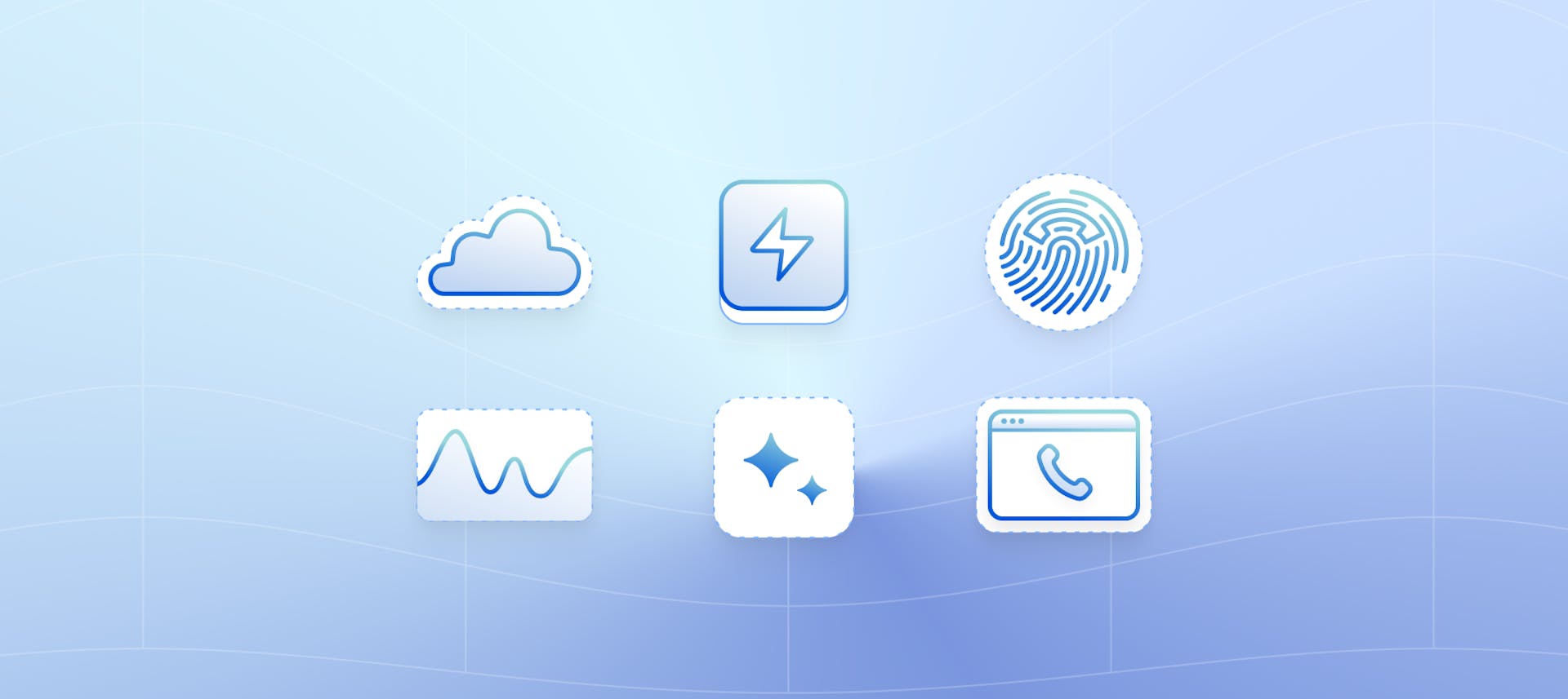 Icons to represent Cloud, plug-and-play, encryption, data insights, CRM integration, documentation and training.