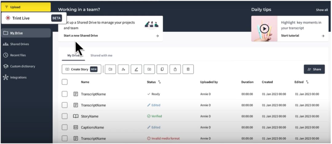 Trint call transcription feature