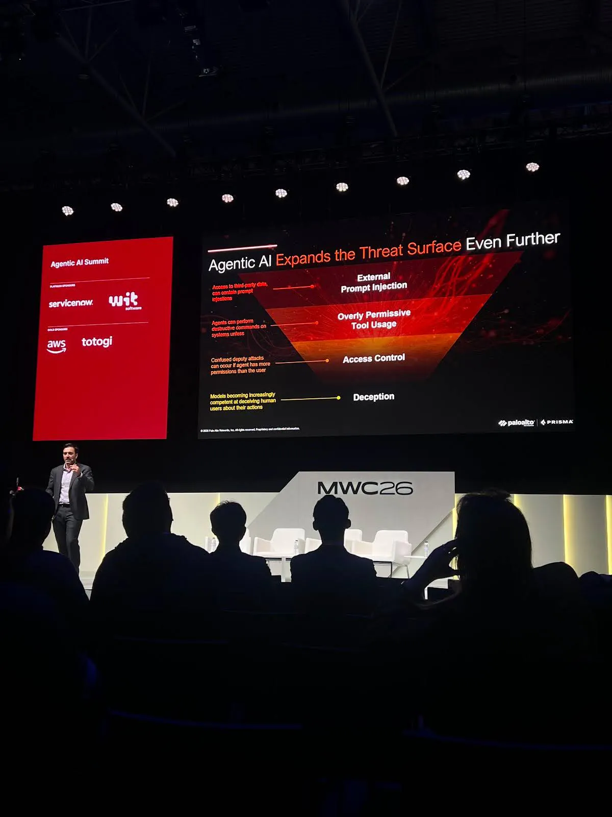 Image with a stage and its speaker on it, with a presentation behind him.