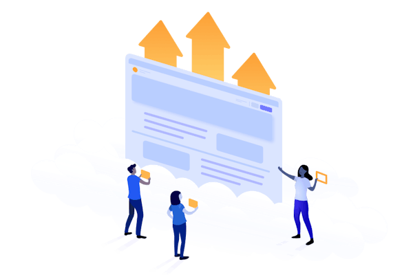 Illustration of PC4JC people, arrows, screen, clouds