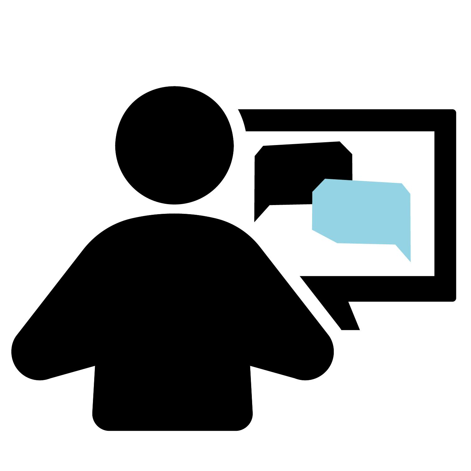 Icon of person looking at speech bubbles on a screen