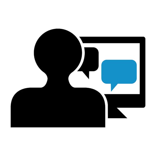 Icon of a person looking at a screen with speech bubbles on it.