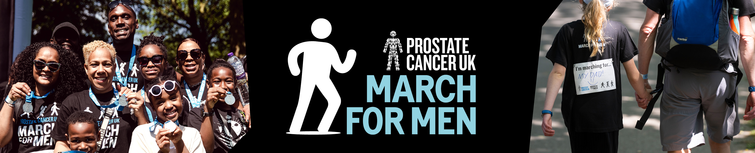 Banner image with smiling supporters that reads, Prostate Cancer UK March for Men