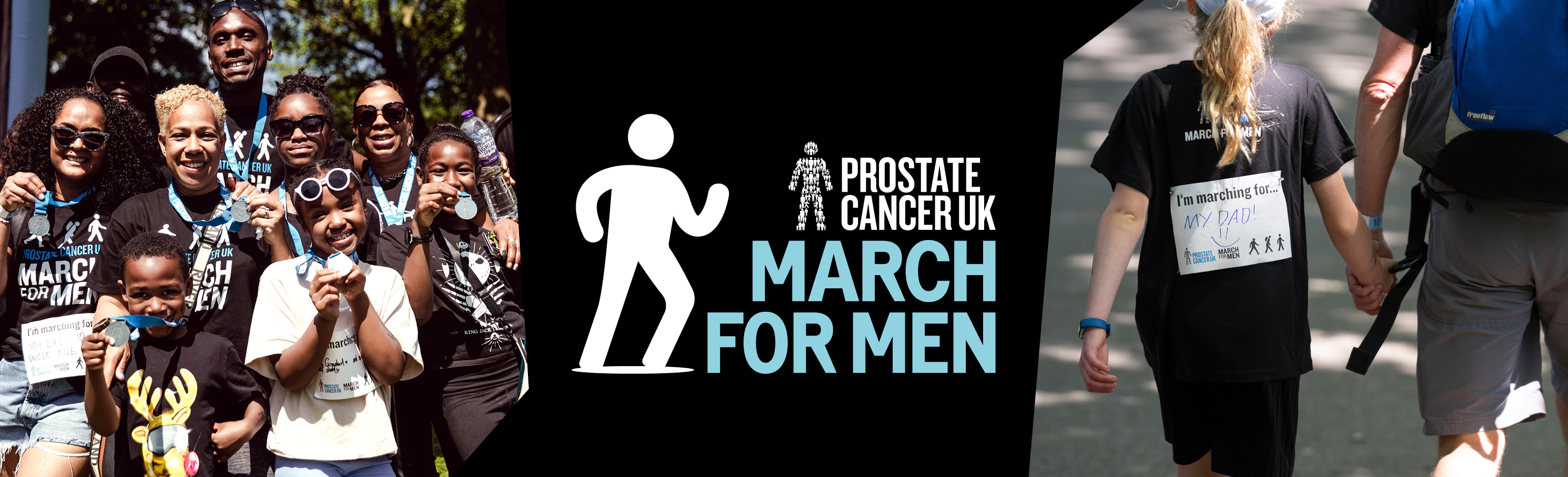 Banner image with smiling supporters that reads, Prostate Cancer UK March for Men