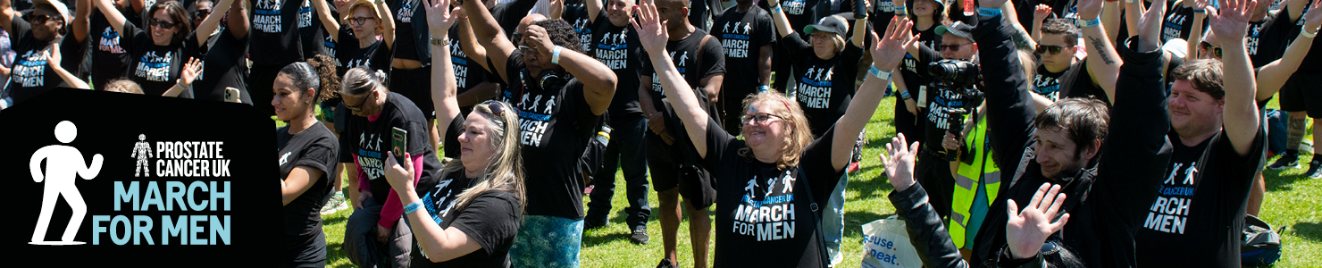 Banner image with smiling supporters that reads, Prostate Cancer UK March for Men