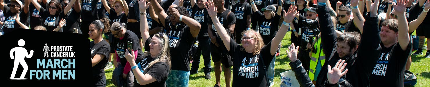 Banner image with smiling supporters that reads, Prostate Cancer UK March for Men