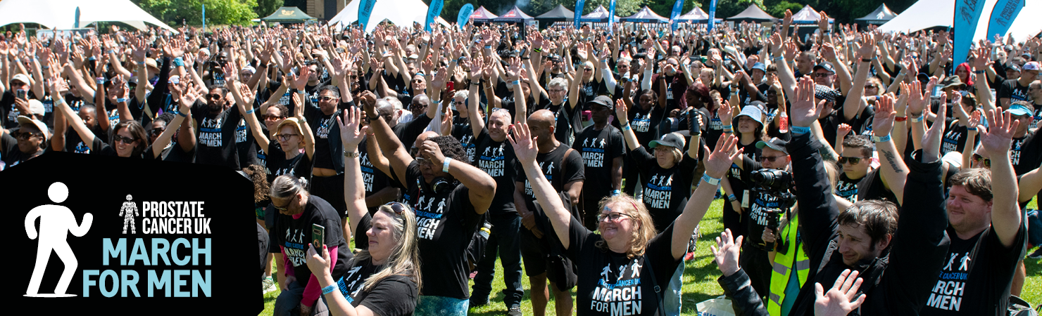 Banner image with smiling supporters that reads, Prostate Cancer UK March for Men