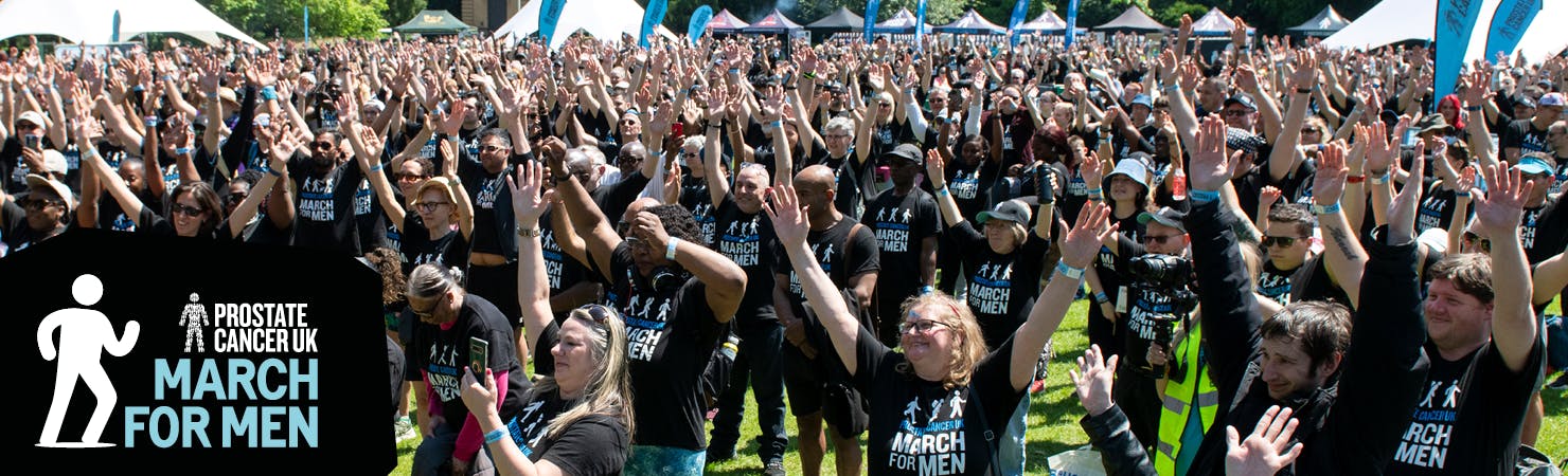 Banner image with smiling supporters that reads, Prostate Cancer UK March for Men
