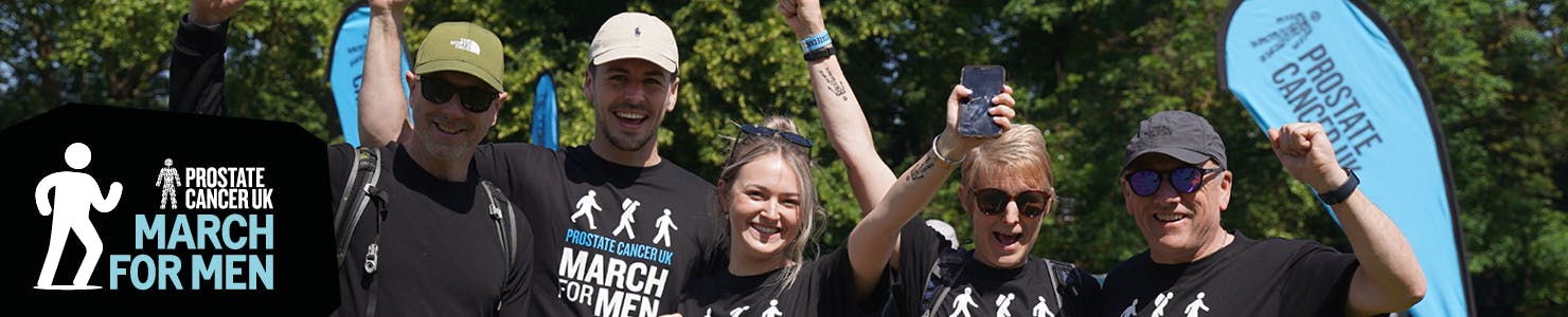 Banner image with smiling supporters that reads, Prostate Cancer UK March for Men.