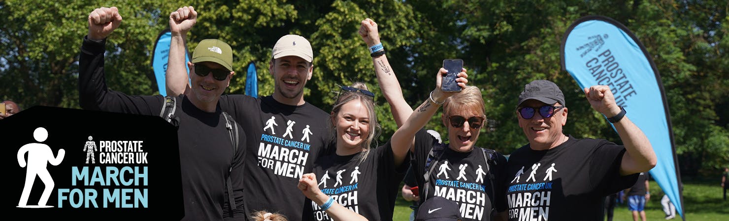 Banner image with smiling supporters that reads, Prostate Cancer UK March for Men.