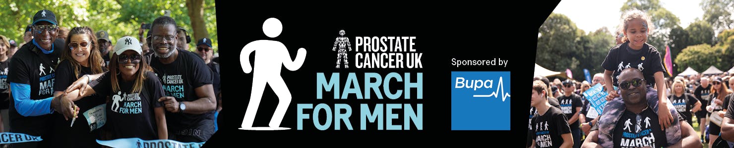 Banner image with smiling supporters that reads, Prostate Cancer UK March for Men sponsored by BUPA