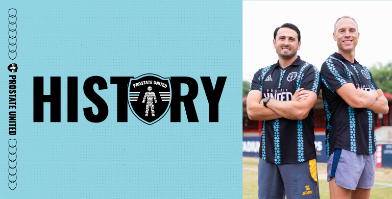 History banner with bold black “HISTORY” text on a patterned blue background, bordered by Prostate United branding and shield icons.