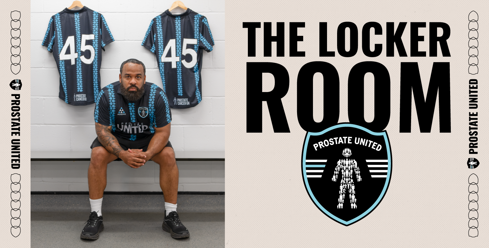 The Locker Room banner featuring bold text, the Prostate United crest, and a football player seated in a changing room with number 45 shirts hanging behind.