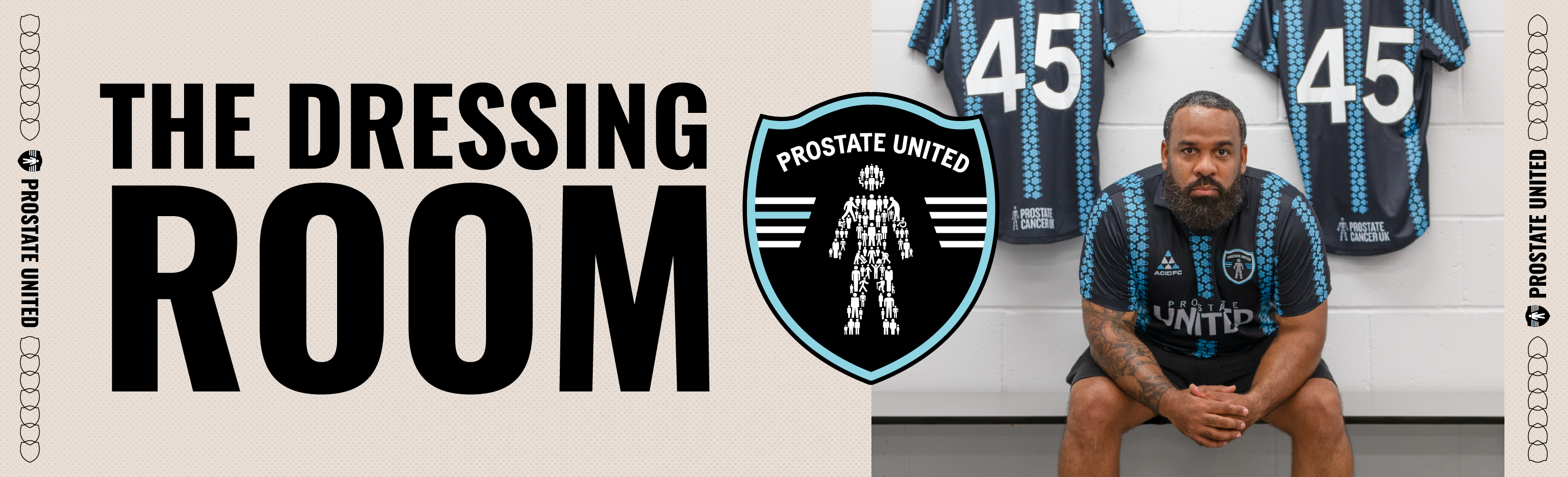 The Dressing Room banner featuring bold text, the Prostate United crest, and a football player seated in a changing room with number 45 shirts hanging behind.