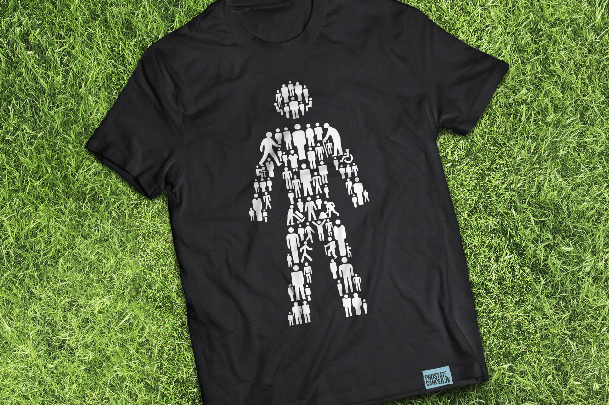 Black Prostate Cancer UK t-shirt featuring a figure made from people icons.