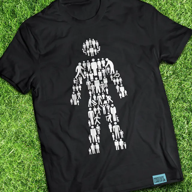 Black Prostate Cancer UK t-shirt featuring a figure made from people icons.