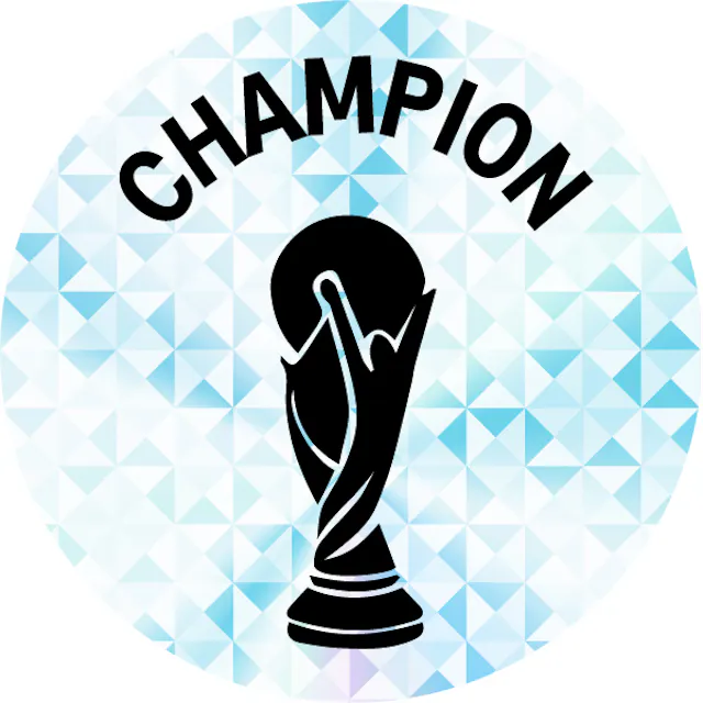 Champion badge with trophy icon on a blue geometric background.
