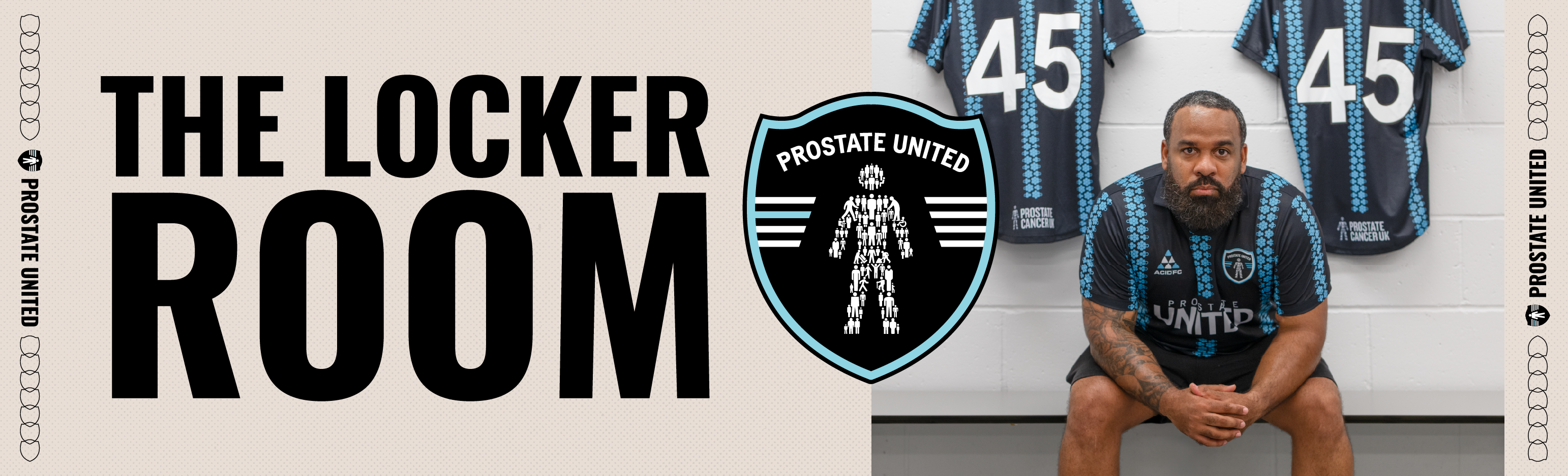 The Locker Room banner featuring bold text, the Prostate United crest, and a football player seated in a changing room with number 45 shirts hanging behind.