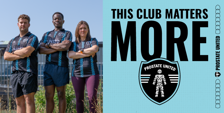 Banner reading “This Club Matters More” alongside the Prostate United logo and three people in Prostate United football kits with folded arms.