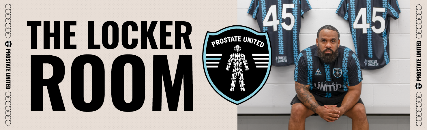 The Locker Room banner featuring bold text, the Prostate United crest, and a football player seated in a changing room with number 45 shirts hanging behind.
