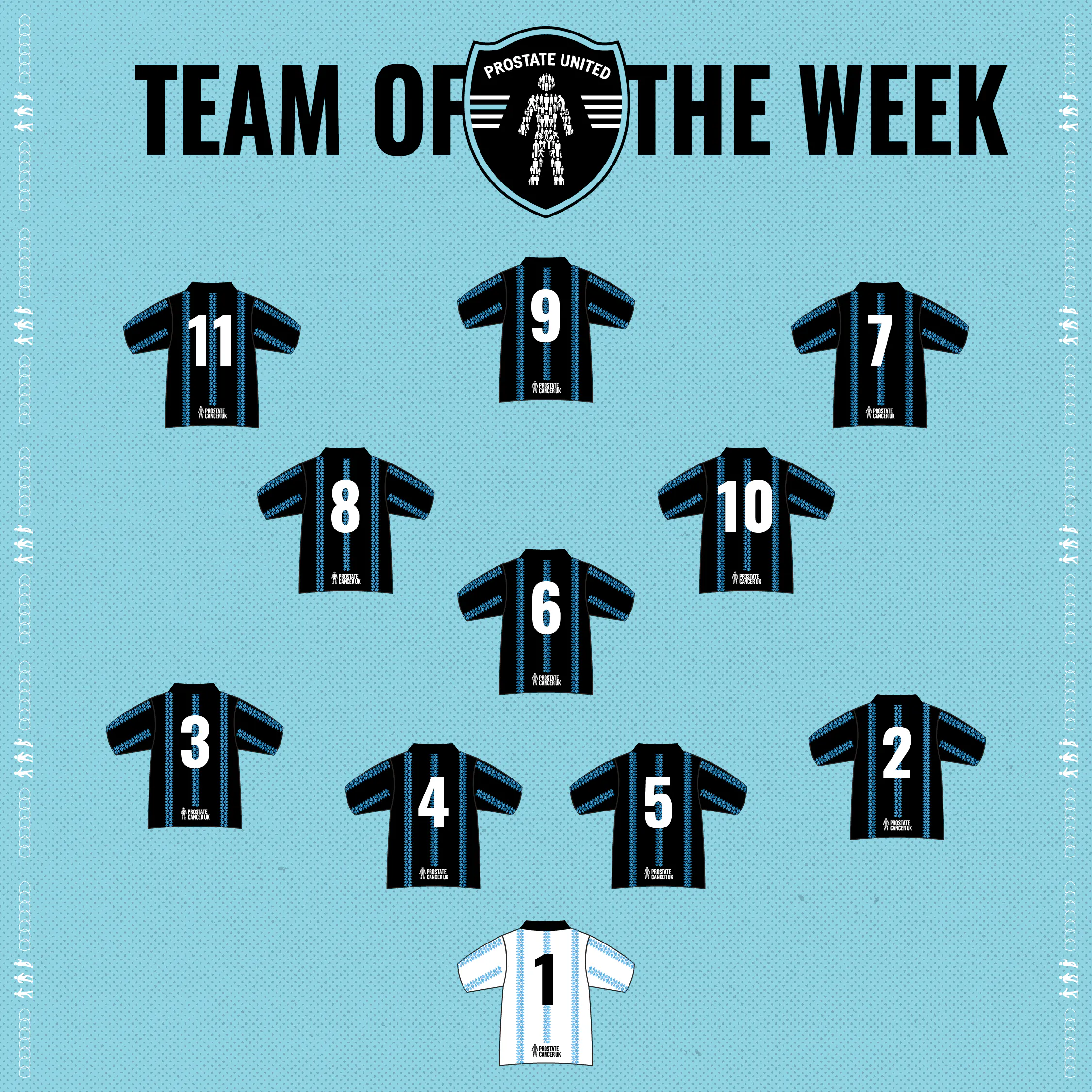 Team of the Week graphic showing an 11-player football formation with numbered shirt icons on a pitch layout beneath a black title banner & badge