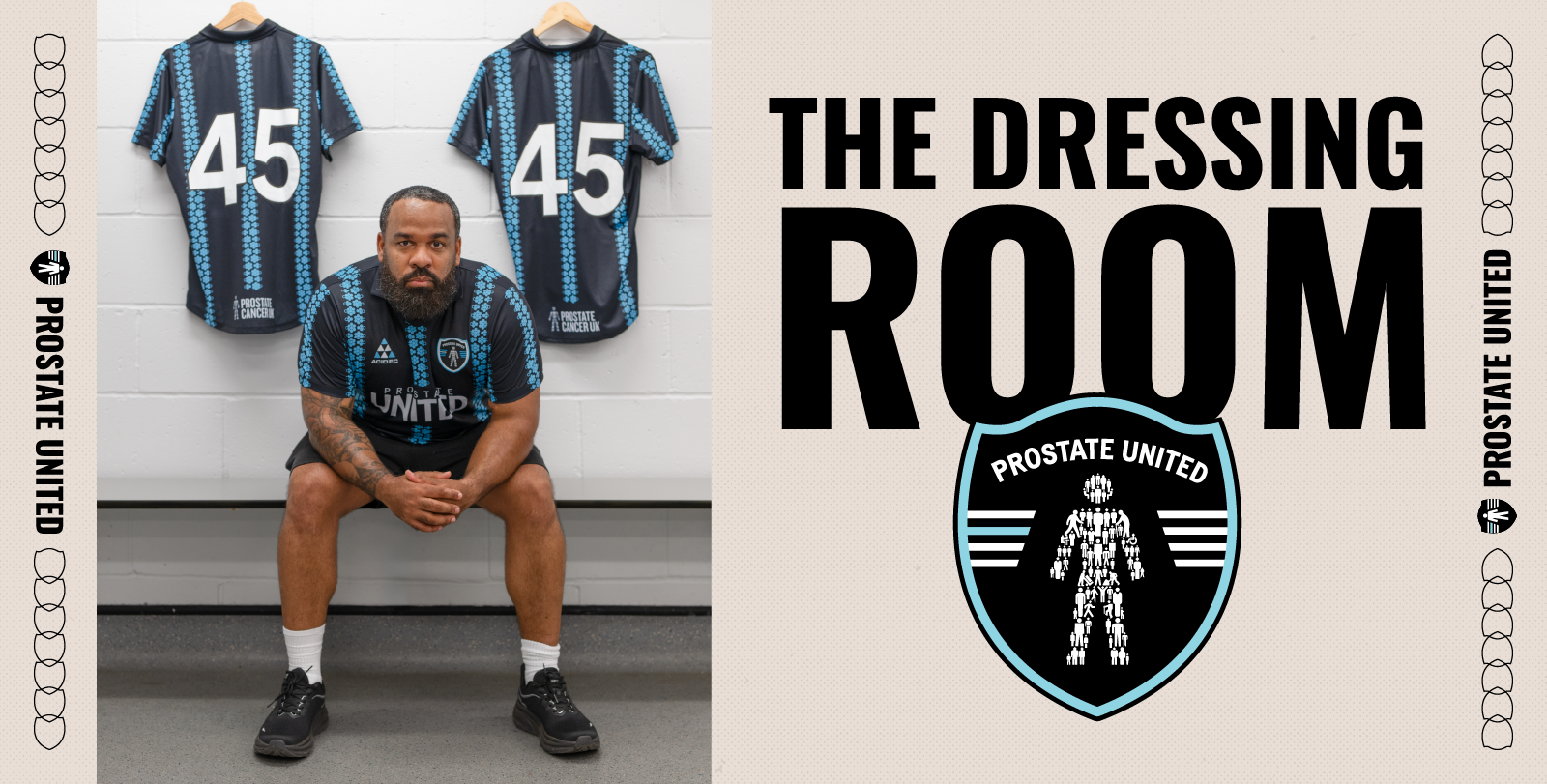 The Dressing Room banner featuring bold text, the Prostate United crest, and a football player seated in a changing room with number 45 shirts hanging behind.