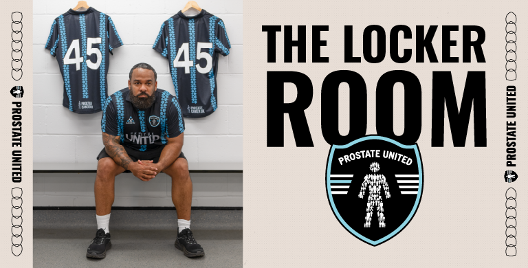 The Locker Room banner featuring bold text, the Prostate United crest, and a football player seated in a changing room with number 45 shirts hanging behind.