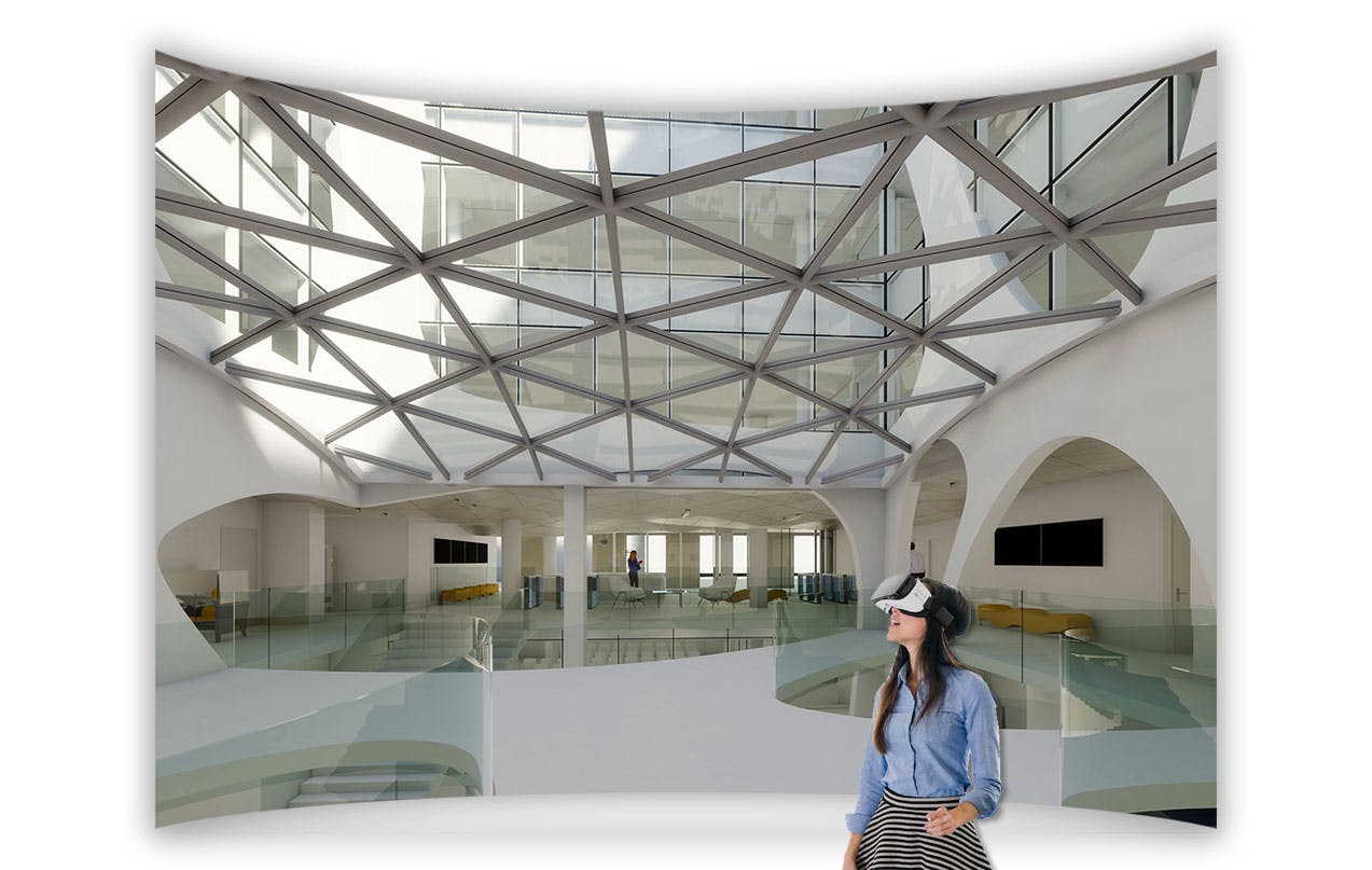 Jeune femme avec un casque VR dans un complexe architectural moderne