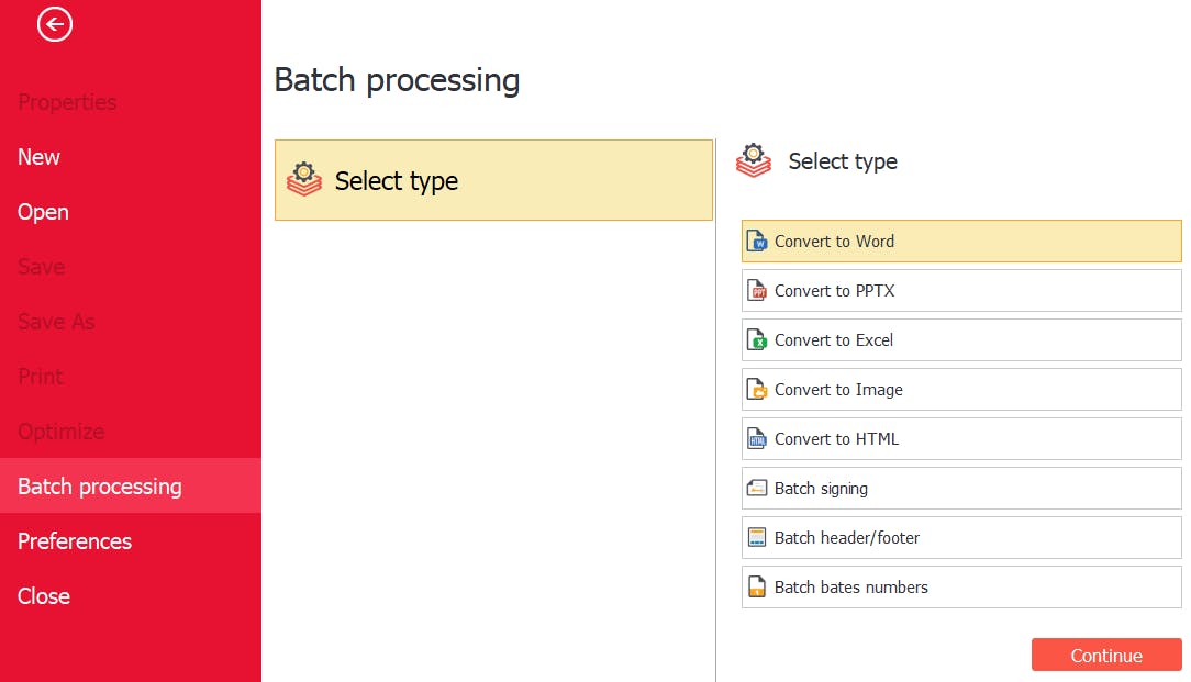 PDF Pro's File menu. The Batch Processing button is selected. The Convert to Word button is selected. 
