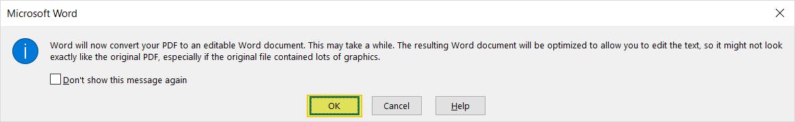 OK button highlighted in Microsoft Word dialog box