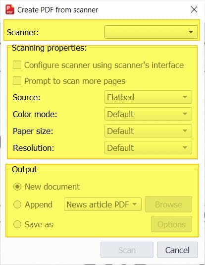 Scan to PDF dialog box with Scanner, Scanner properties, and Output sections highlighted. 